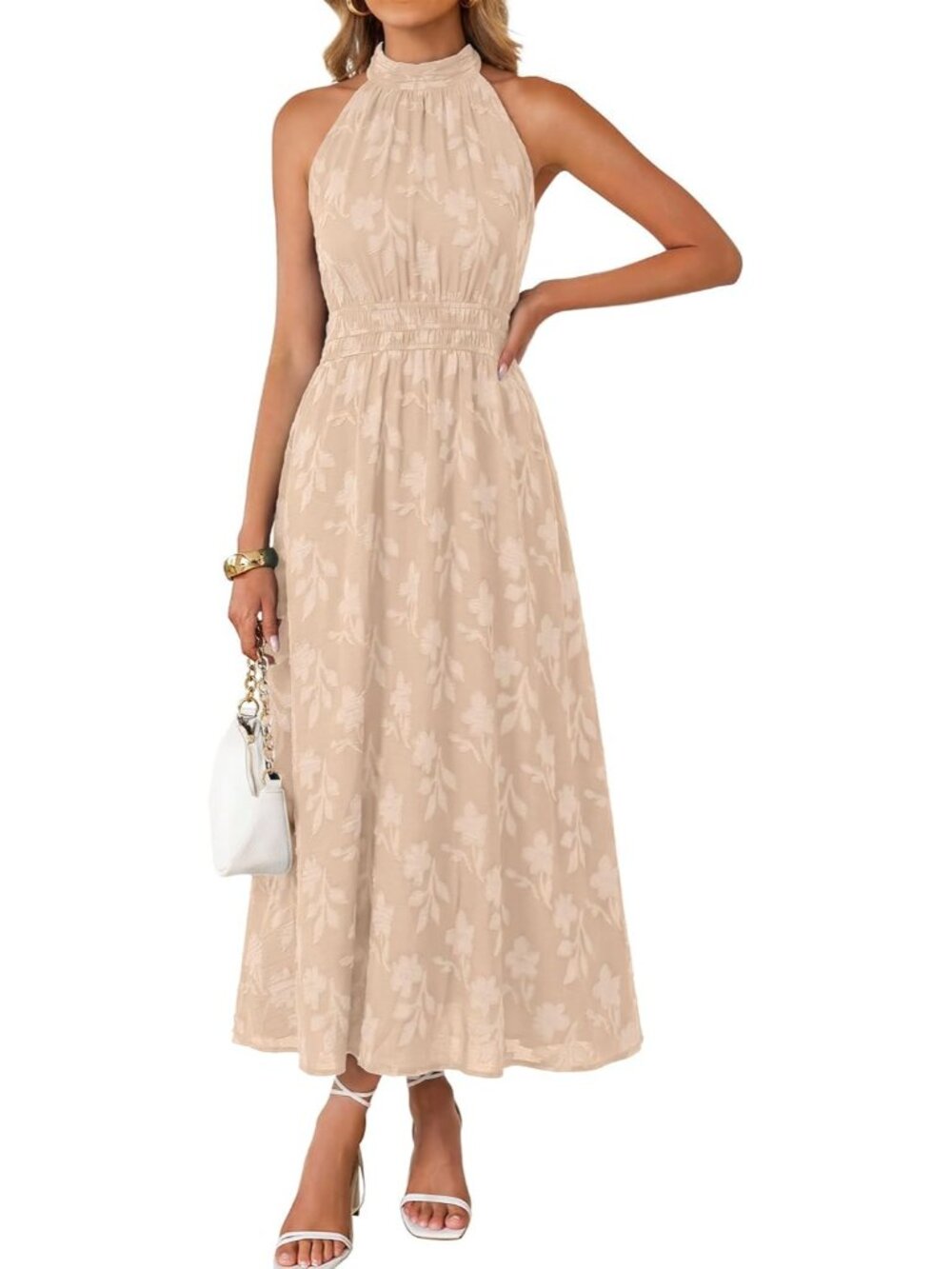 Women's Apricot Summer Sleeveless Halter Boho Floral Wedding Guest Maxi Dress